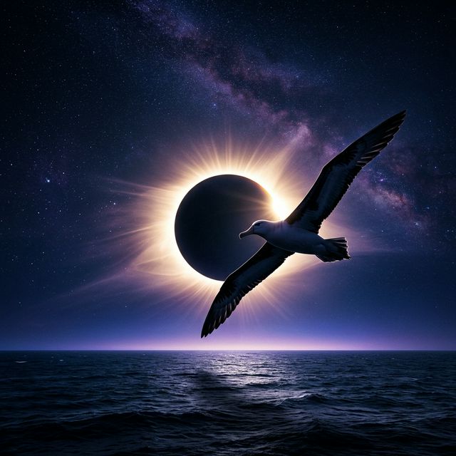 Majestic albatross flying during a total solar eclipse